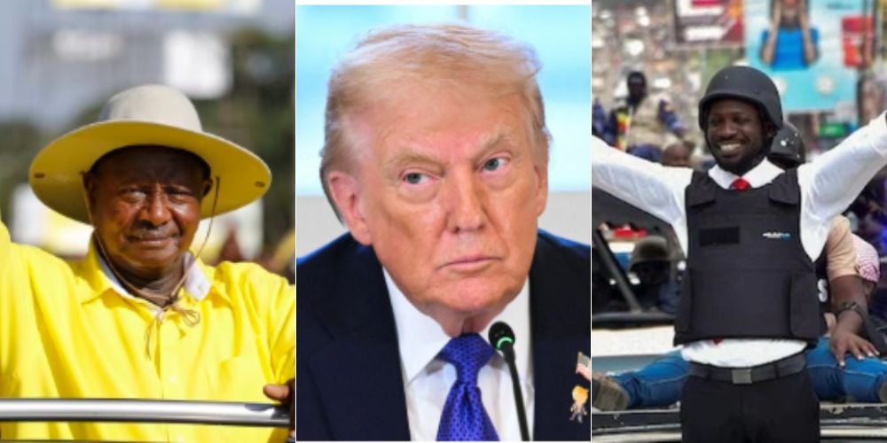 Collage of the Incumbent Uganda President Yoweri Museveni, US president Donald Trump, and NUP candidate Bobi Wine.